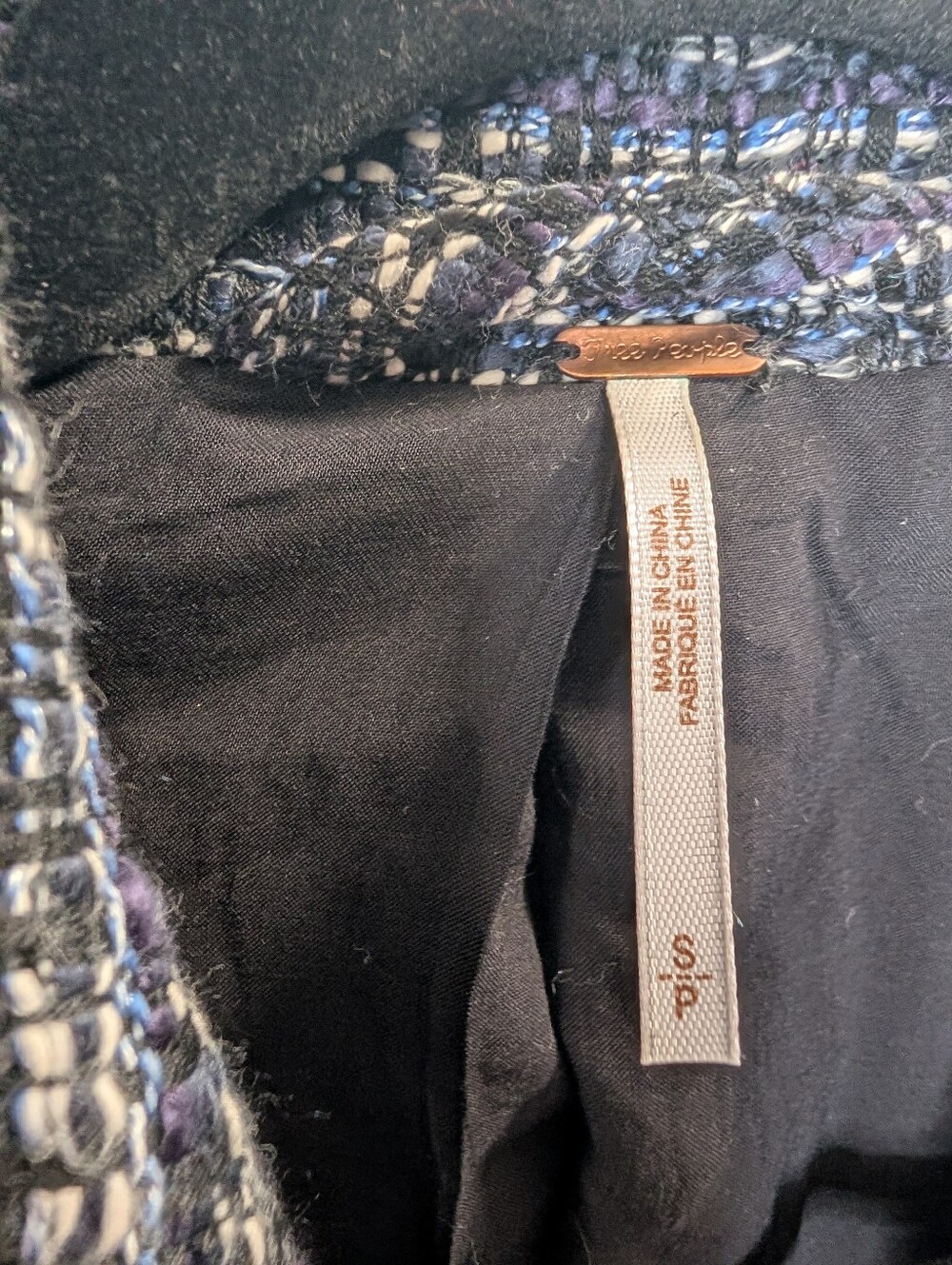 Free People Tweed Moto Jacket Blue Black Fringe Zip Cropped Jacket Small - Picture 3 of 6